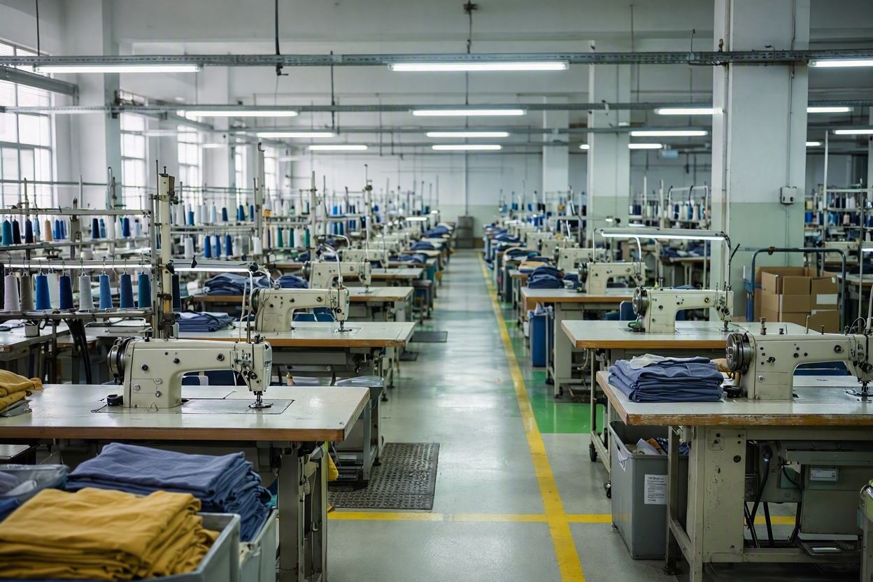 Rows of sewing machines and workstations on the factory production floor