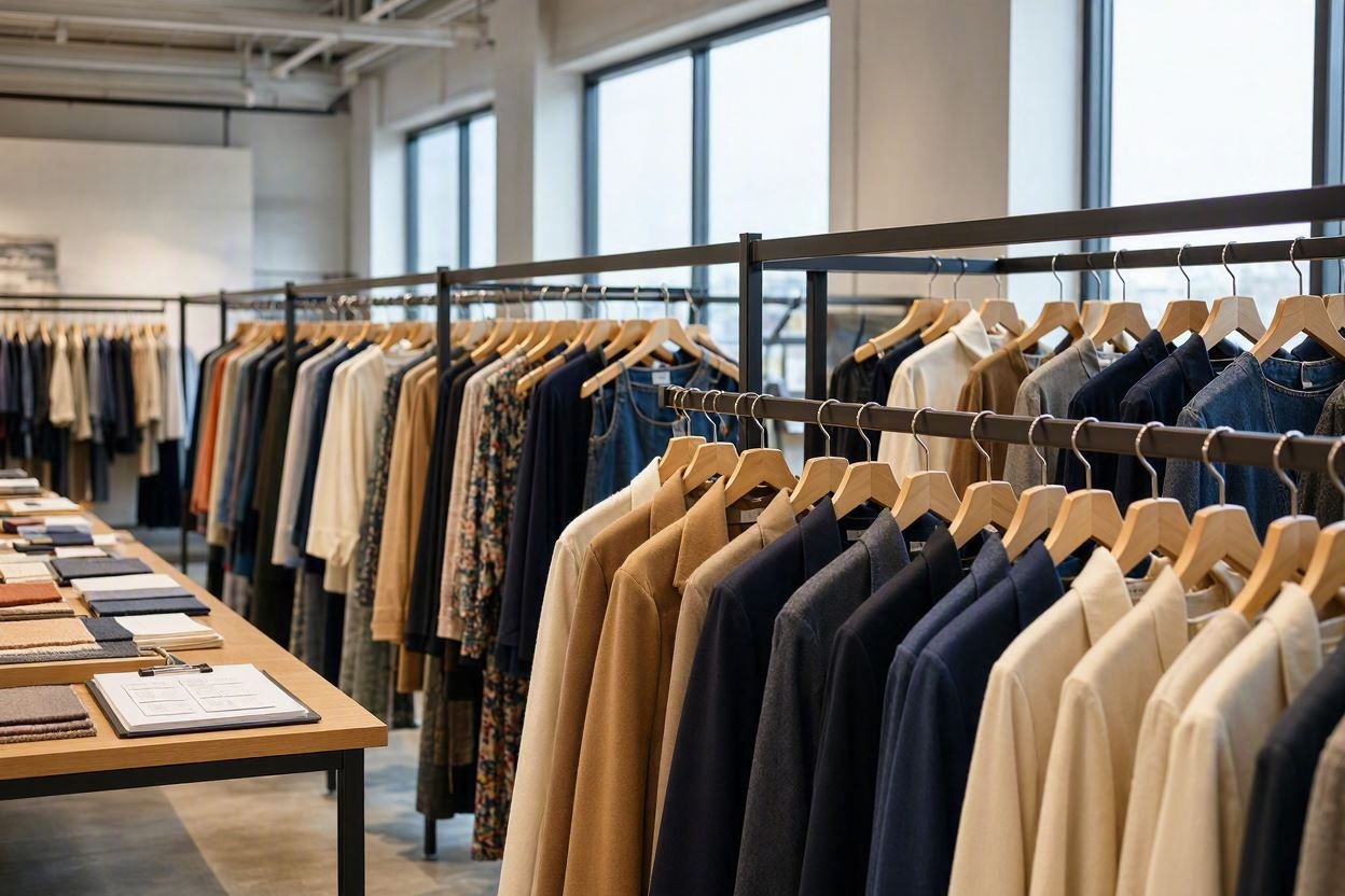 Finished garments on hanging rails inside buying house showroom